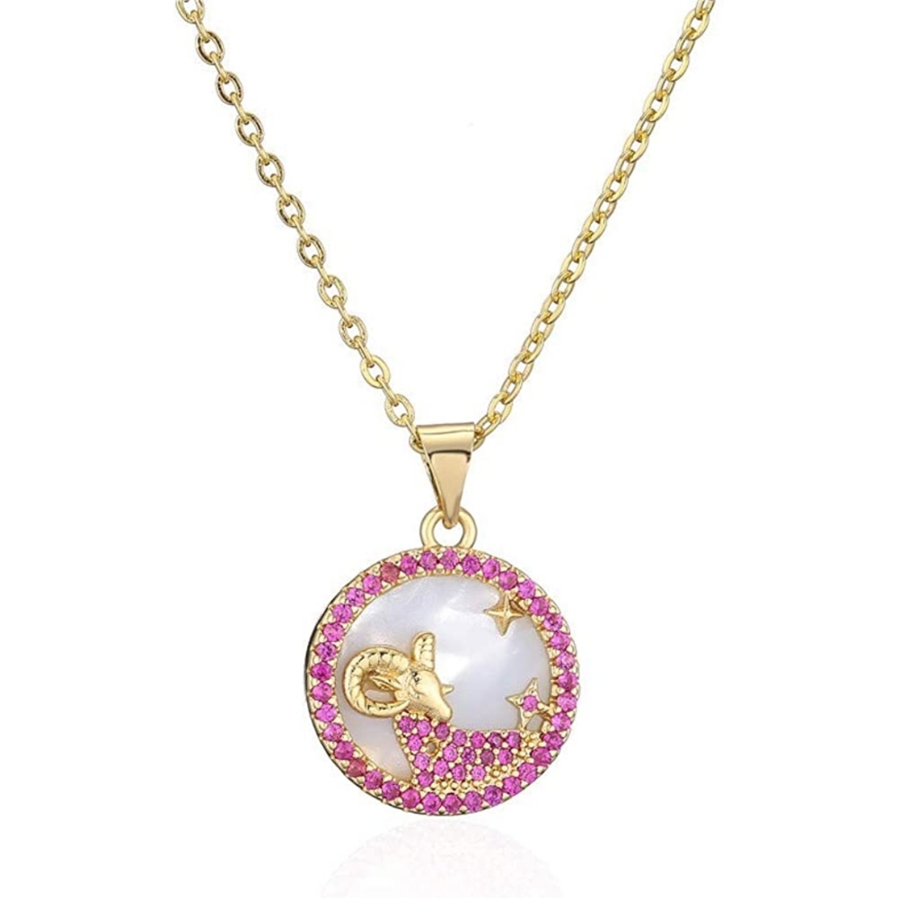 Pink Cubic Zirconia Aries Zodiac Astrology Sign Necklace for Women Girl 14K Gold